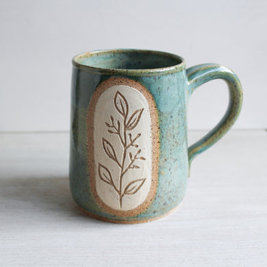 Seafoam Green Botanical Sgraffito Medium Mug