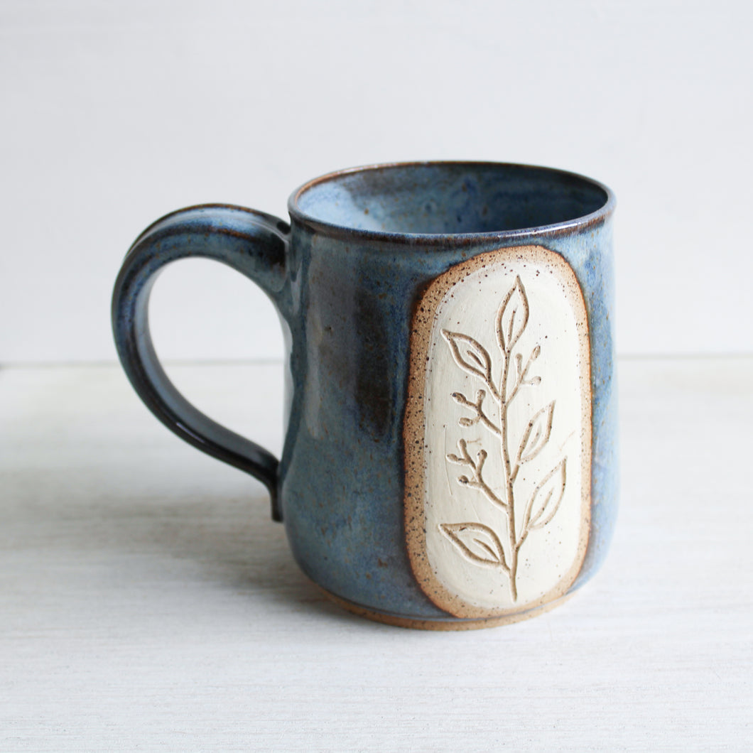 Light Blue Botanical Sgraffito Medium Mug